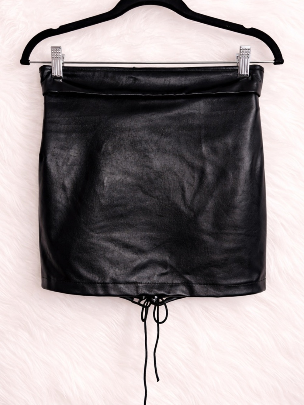 Black Faux Leather Drawstring Mini Skirt